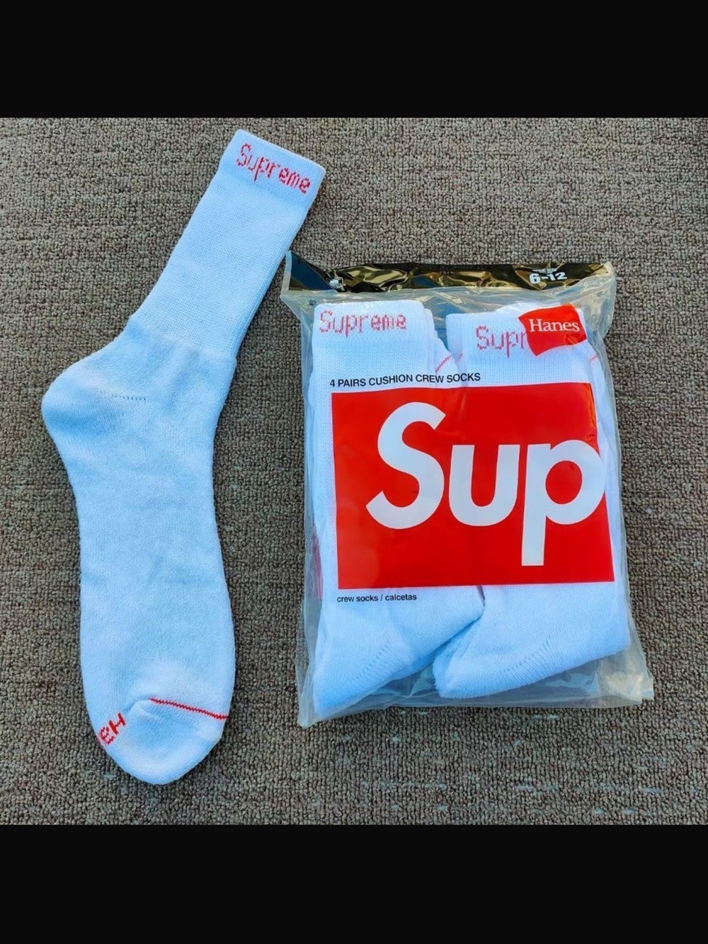 Supreme White Crew Socks with Red Logo - 4 Pair Pack